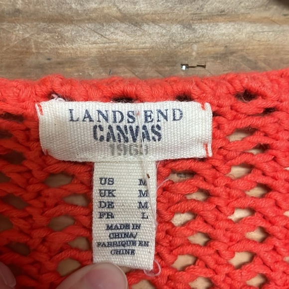 Lands’ End Canvas 1963 size Medium Vibrant Orangish Red V-Neck Open Knit Sweater - Picture 2 of 9